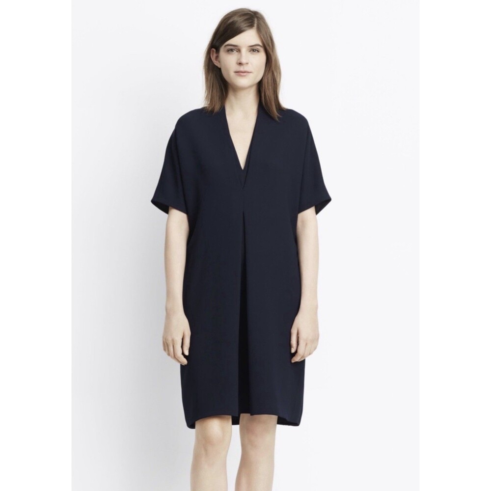 VINCE. Navy Blue Pleated Front Short Sleeve Kimono Tunic Shift Dress Size XS